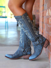 Embroidered Band With Metal Rings Pointed-toe Zip Mid-Calf Western Cowgirl Boots
